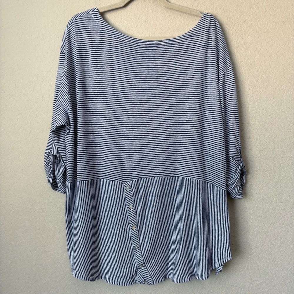 Adrienne Vittadini 2X Linen Three-quarter Sleeve Roll Tab Stripe Top Beachy - Picture 9 of 12